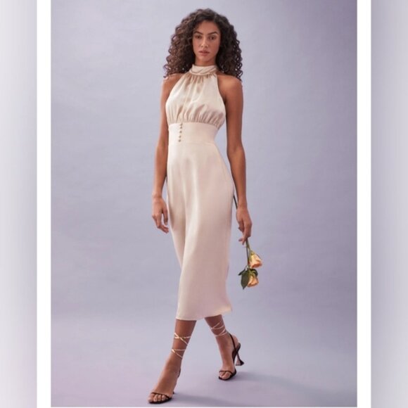 Reformation Kailey Almond Silk Midi Dress Womens Bridesmaid Party Halter Dress 8 - Picture 3 of 16